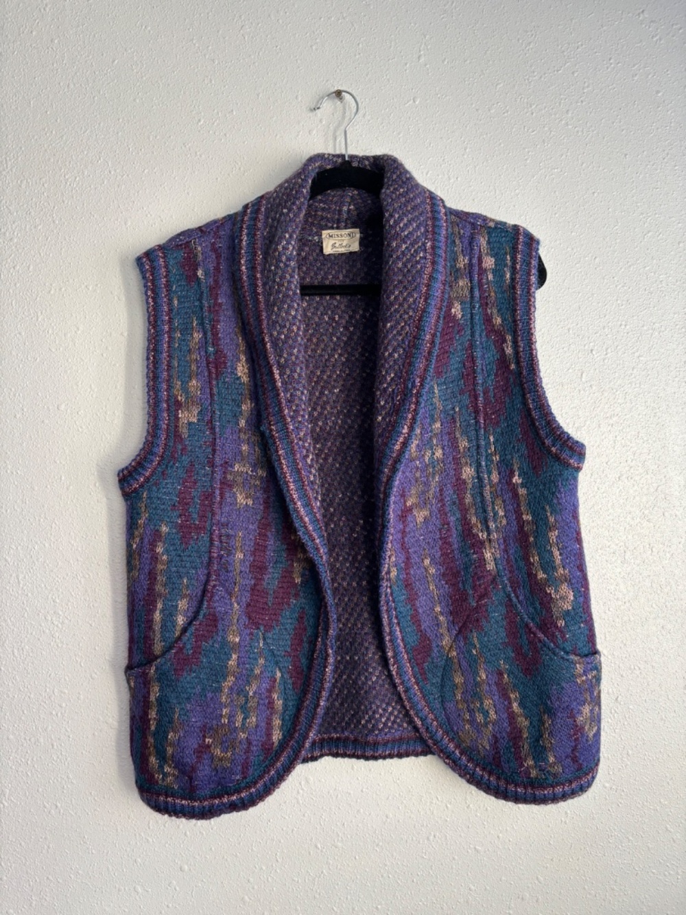 Missoni for Bullock's Vintage 80s Purple Blue Shawl Collar Knit Sweater Vest